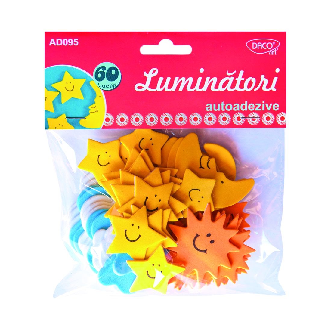 Set de 60 elemente decorative din spumă autoadezivă cu modele de soare, lună, stele și nori, brand DACO Art, cod AD095