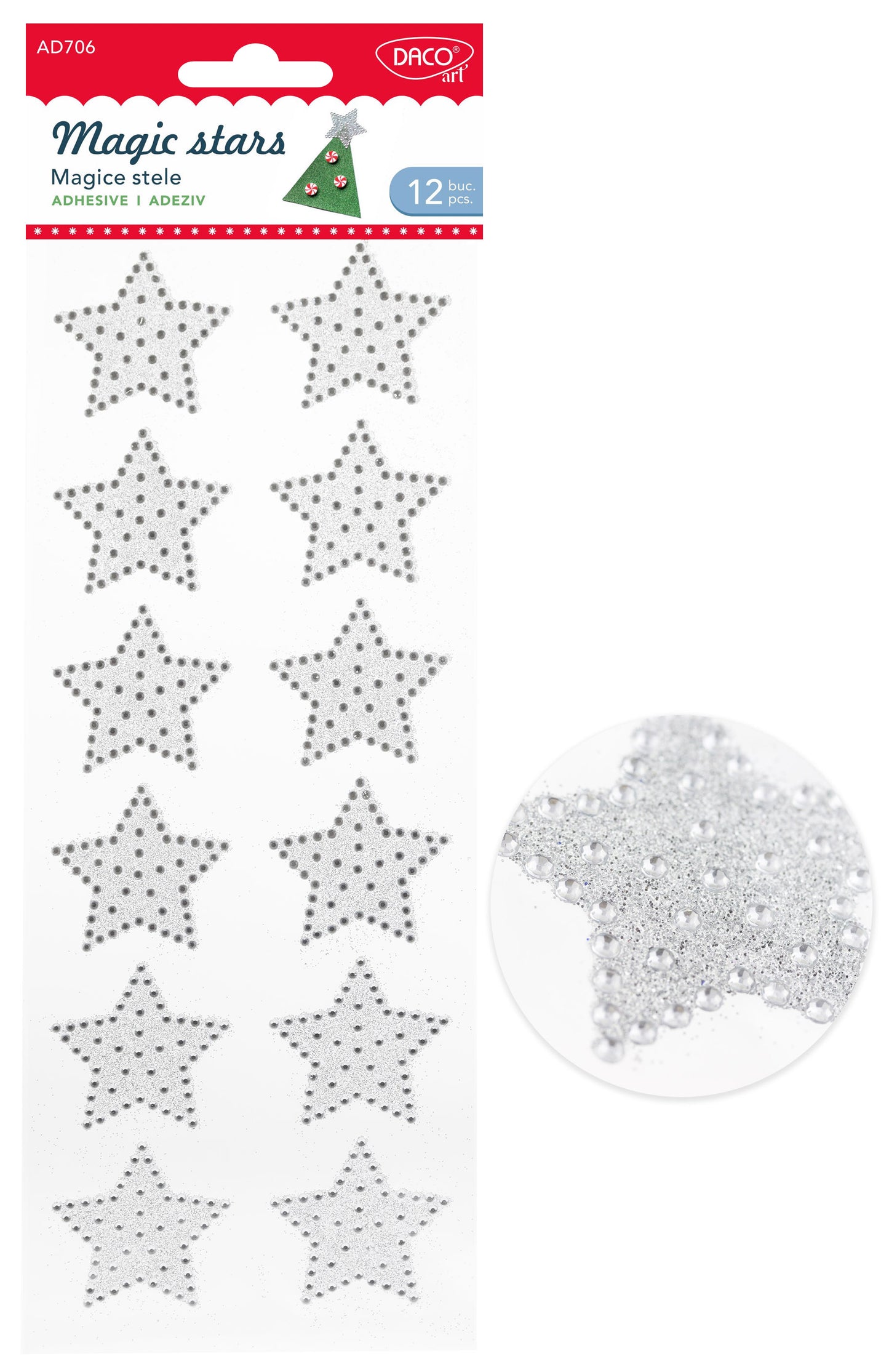 Set de 12 stele decorative din plastic cu design perforat Magice stele, dimensiune 4,2 cm, brand DACO Art, cod AD706