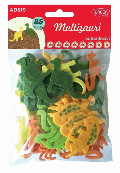 Set de 85 figurine decorative dinozauri din spumă și fetru autoadeziv, 4 modele diferite, brand DACO, cod AD319