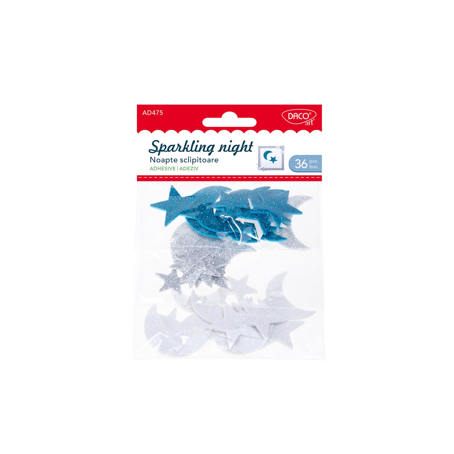 Set de 36 accesorii decorative din spumă autoadezivă Noapte sclipitoare, dimensiuni variate pentru proiecte creative și bricolaj, brand DACO, cod AD475