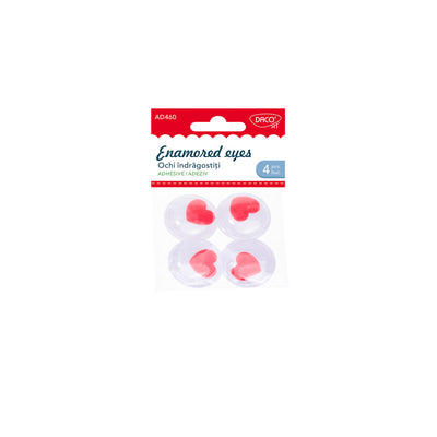 Set de 4 ochi decorativi autoadezivi cu pupilă în formă de inimă roșie, diametru 3,5 cm, brand DACO Art, cod AD460