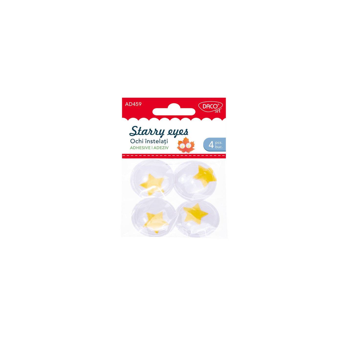 Set de 4 ochi decorativi autoadezivi cu pupilă în formă de stea galbenă, diametru 3,5 cm, brand DACO Art, cod AD459