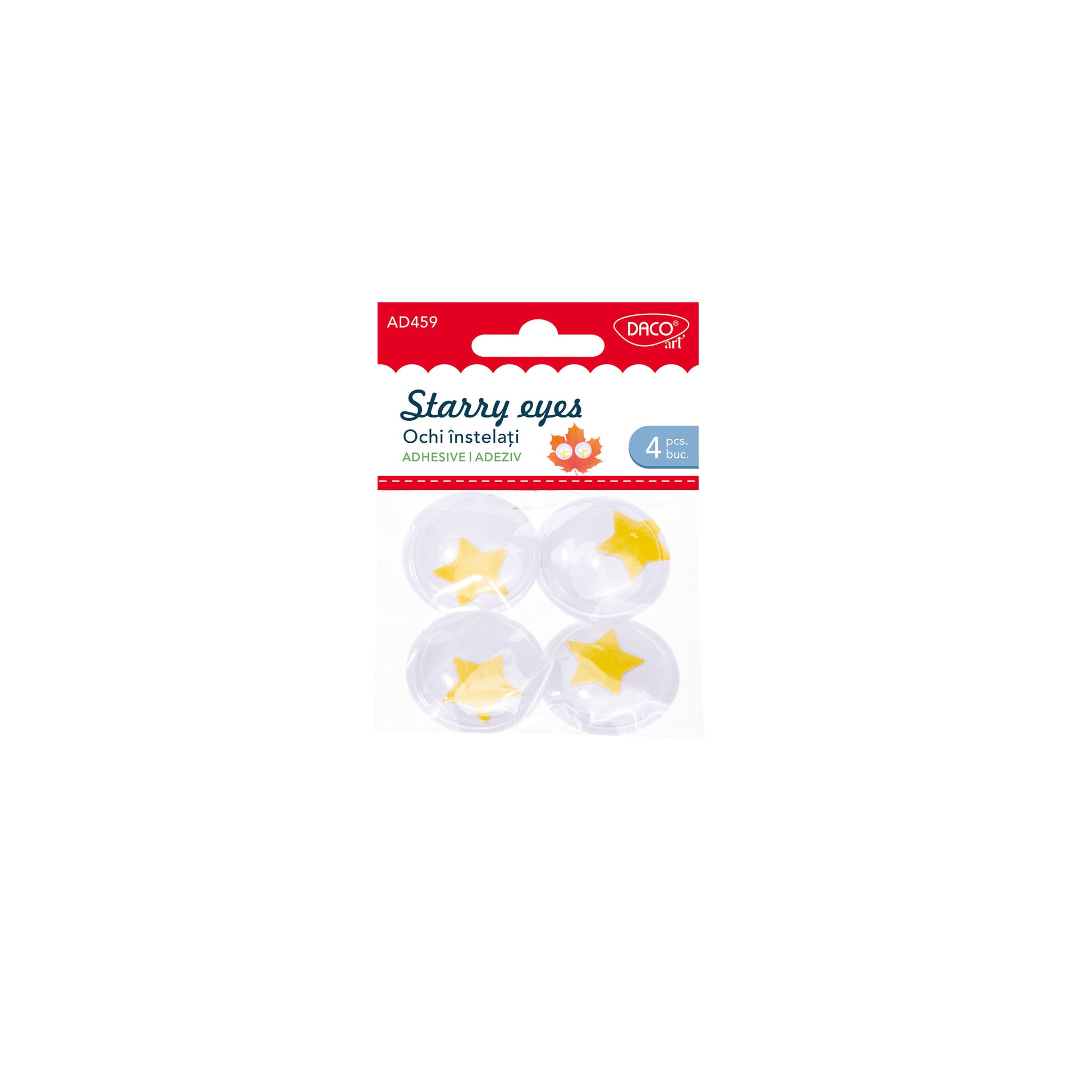 Set de 4 ochi decorativi autoadezivi cu pupilă în formă de stea galbenă, diametru 3,5 cm, brand DACO Art, cod AD459