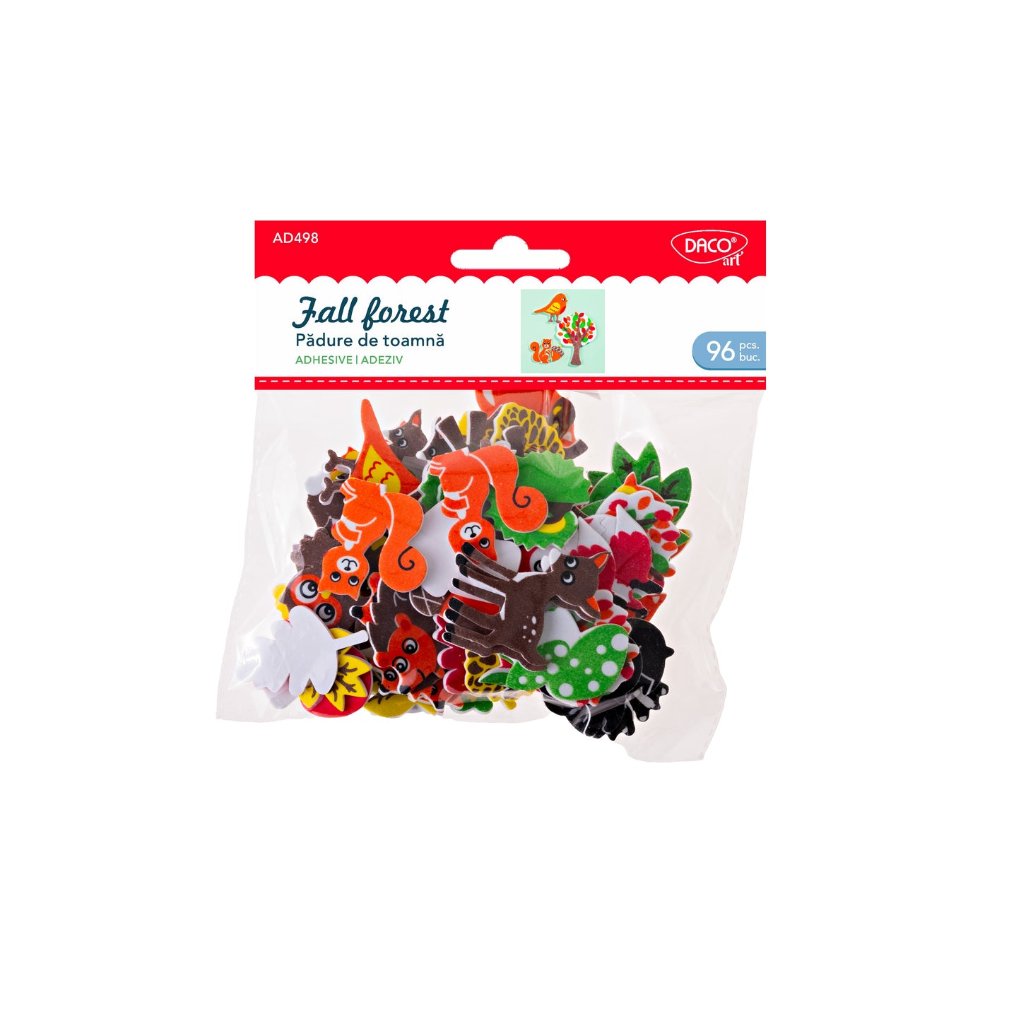 Set decorativ Pădure de toamnă DACO AD498 cu 96 elemente din spumă autoadezivă de dimensiuni variate pentru proiecte craft și activități creative de toamnă