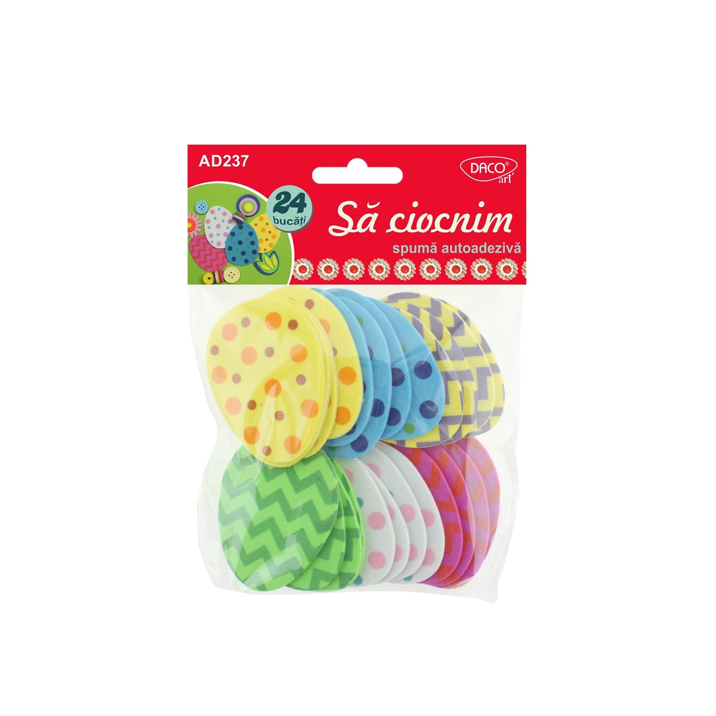 Set de 24 ouă decorative din spumă autoadezivă cu modele grafice și buline, brand DACO Art, cod AD237, pentru proiecte craft de Paște