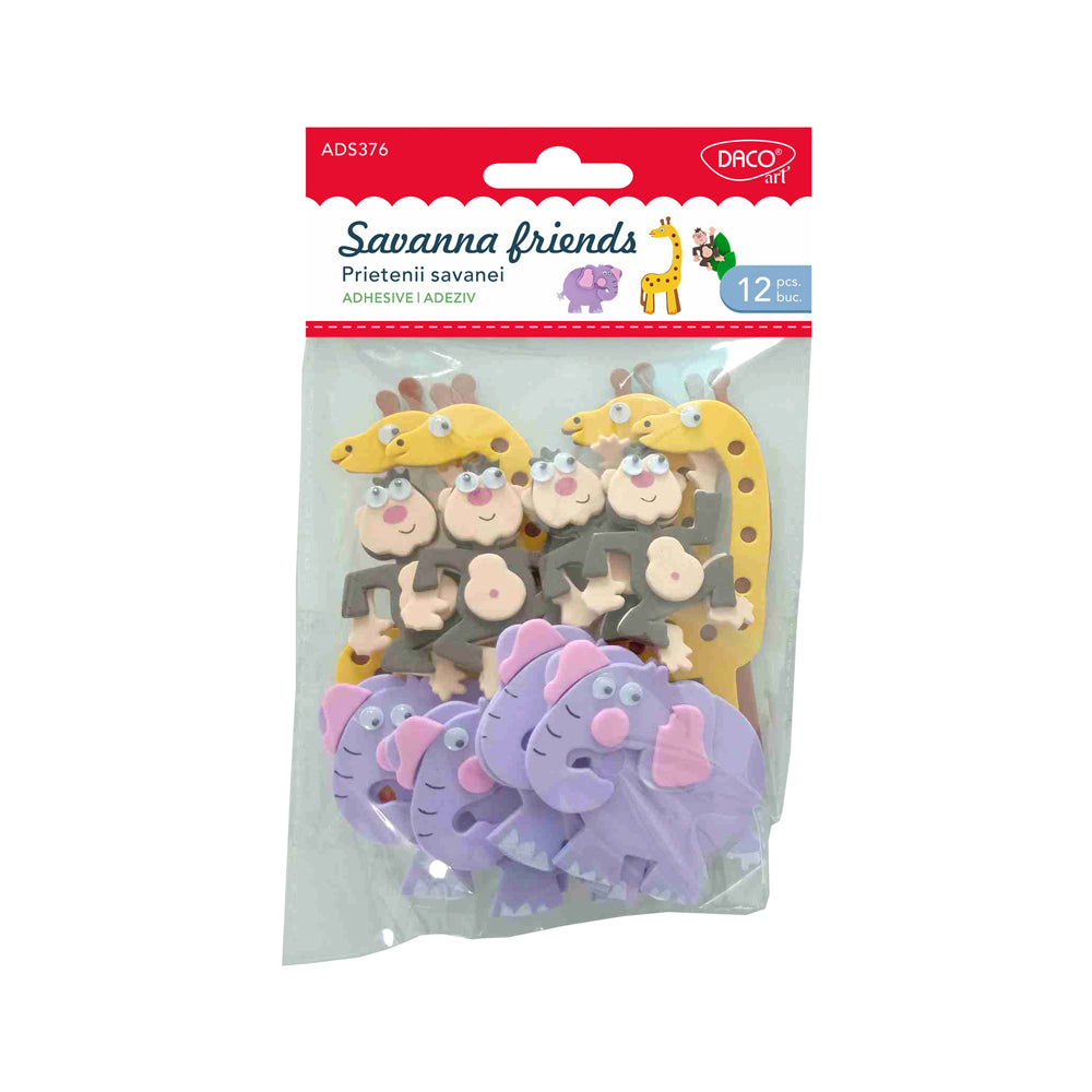 Set de 12 figurine decorative autoadezive din spumă și plastic cu animale din savană, dimensiuni variate, brand DACOart, cod AD376