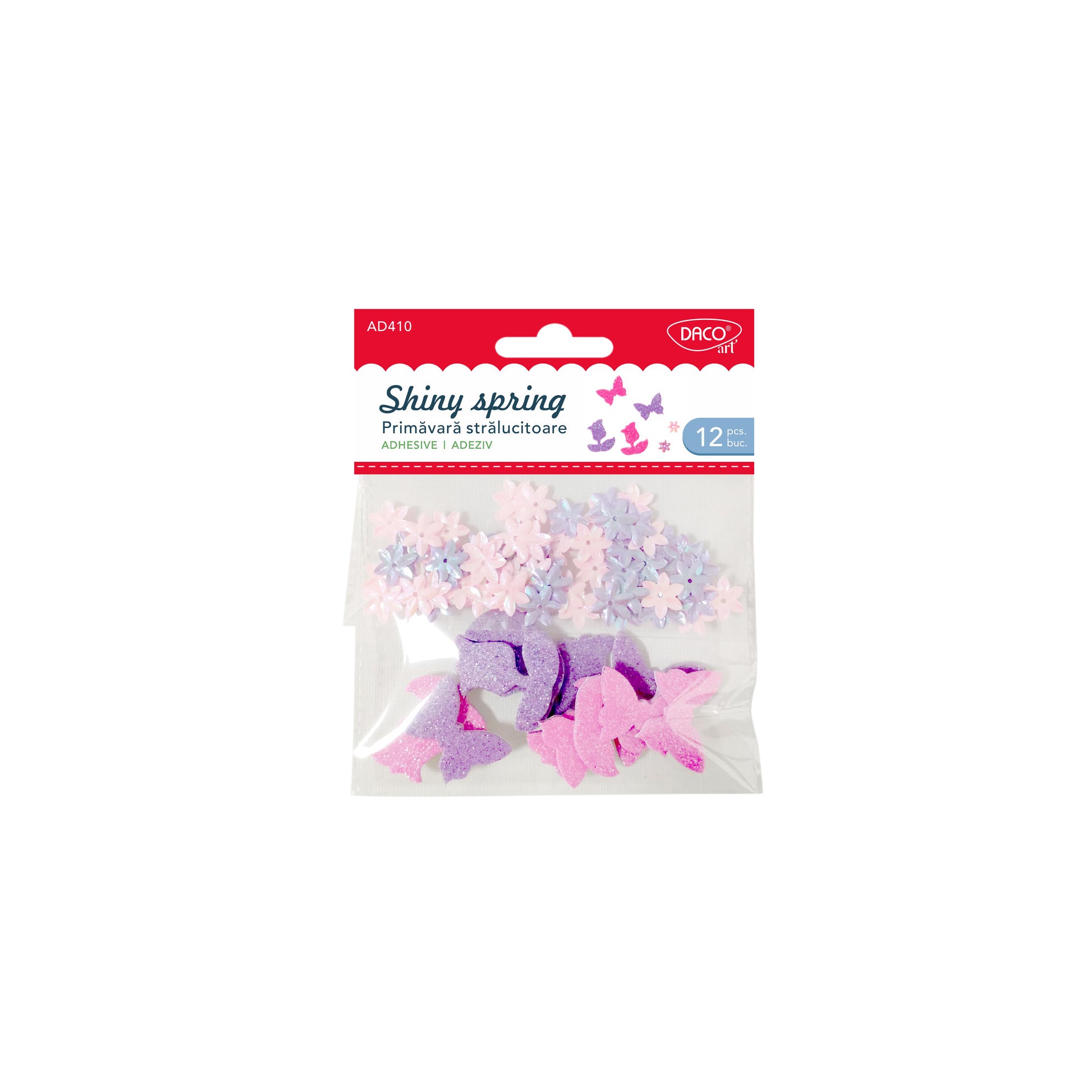 Set accesorii craft Primăvară sclipitoare cu 12 figurine autoadezive din spumă glitter și 9g confetti roz și mov, brand DACO Art, cod AD410