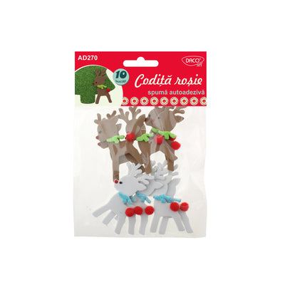 Set de 10 reni decorativi din spumă 3D autoadezivă cu codiță roșie tip pom-pom, dimensiuni 6.5x3 cm, brand DACOart, cod AD270
