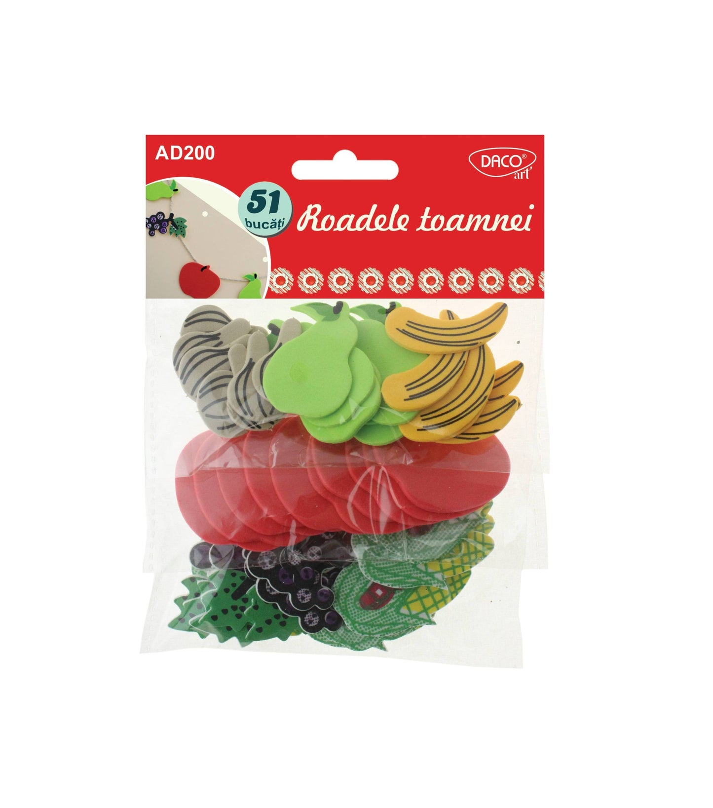 Set de 51 figurine din spumă cu fructe și legume (măr, strugure, porumb) pentru activități craft de toamnă, brand DACO Art, cod AD200