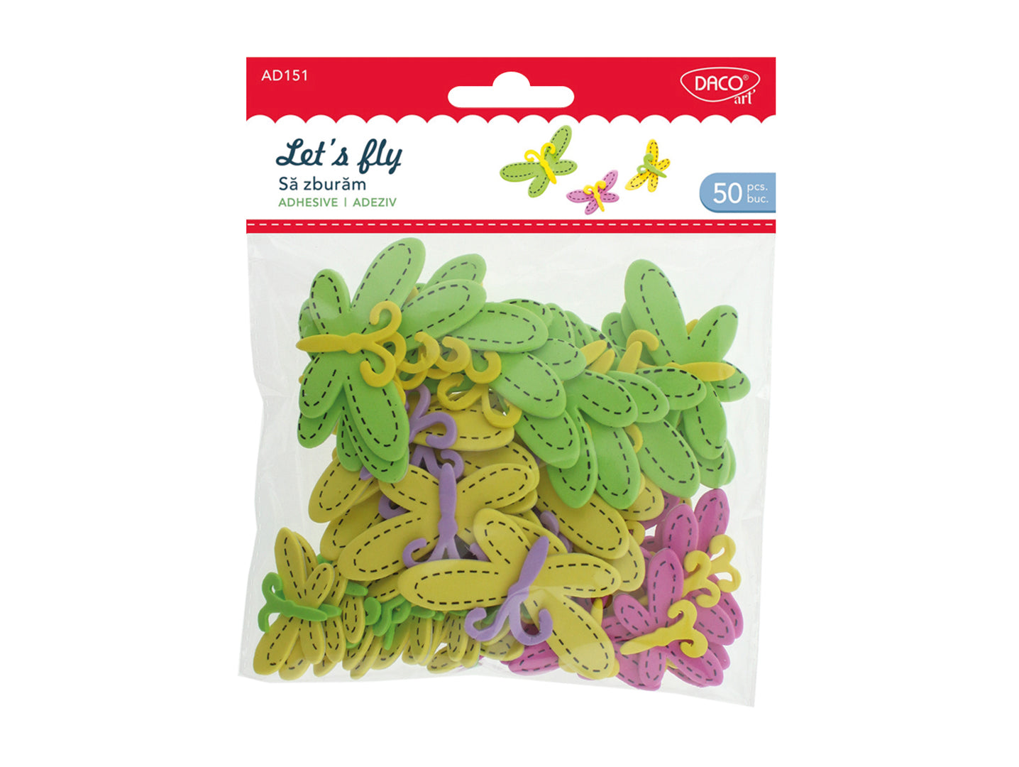 Set de 50 elemente decorative tematice "Să zburăm" din spumă autoadezivă, brand DACO, cod AD151, pentru activități craft și decor