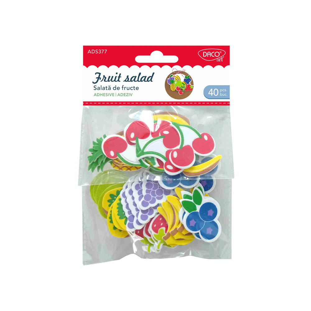 Set de 40 accesorii decorative din spumă autoadezivă sub formă de fructe colorate, dimensiuni variate, brand DACOart, cod AD377