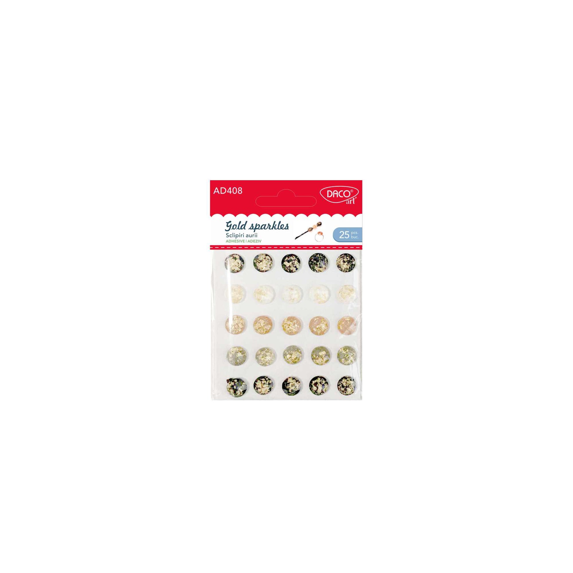Set de 25 sclipiri aurii decorative autoadezive din plastic, formă rotundă, diametru 1 cm, brand DACO Art, cod AD408