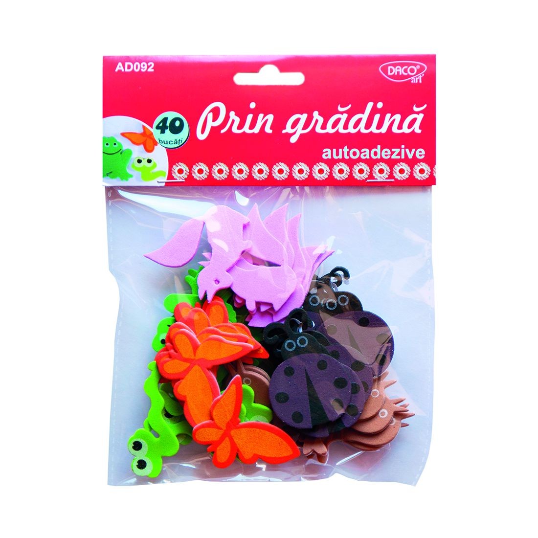t de 40 figurine decorative din spumă autoadezivă cu modele de broască, veveriță, fluture și buburuză, brand DACO Art, cod AD092