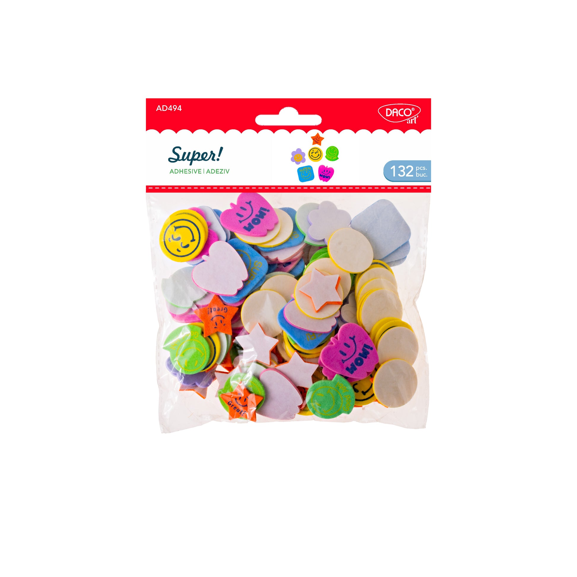 Set decorativ Super! DACO AD494 cu 132 elemente din spumă autoadezivă de dimensiuni variate pentru proiecte craft și activități creative handmade