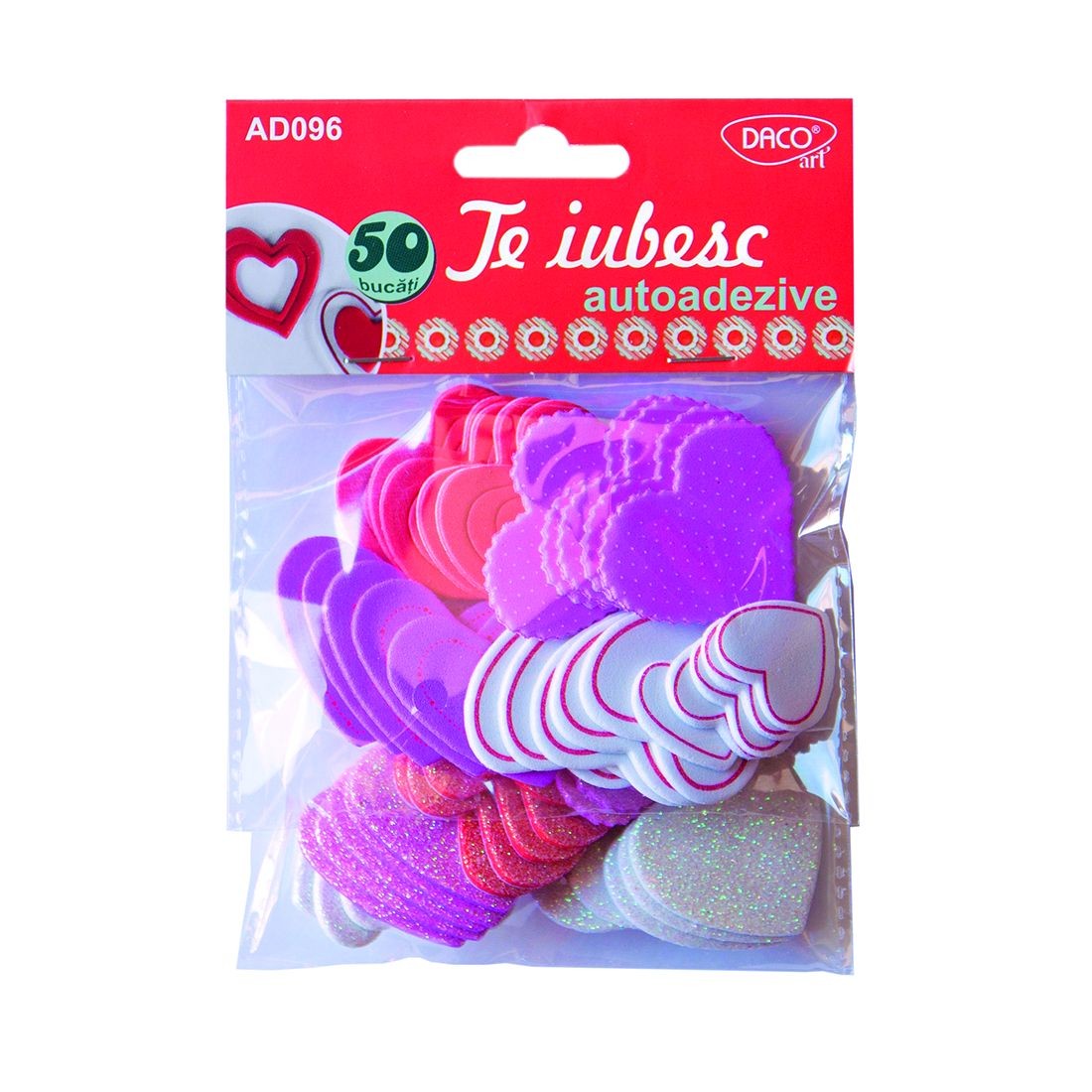 Set de 50 elemente decorative "Te Iubesc" din spumă autoadezivă, brand DACO Art, accesorii pentru scrapbooking și felicitări handmade