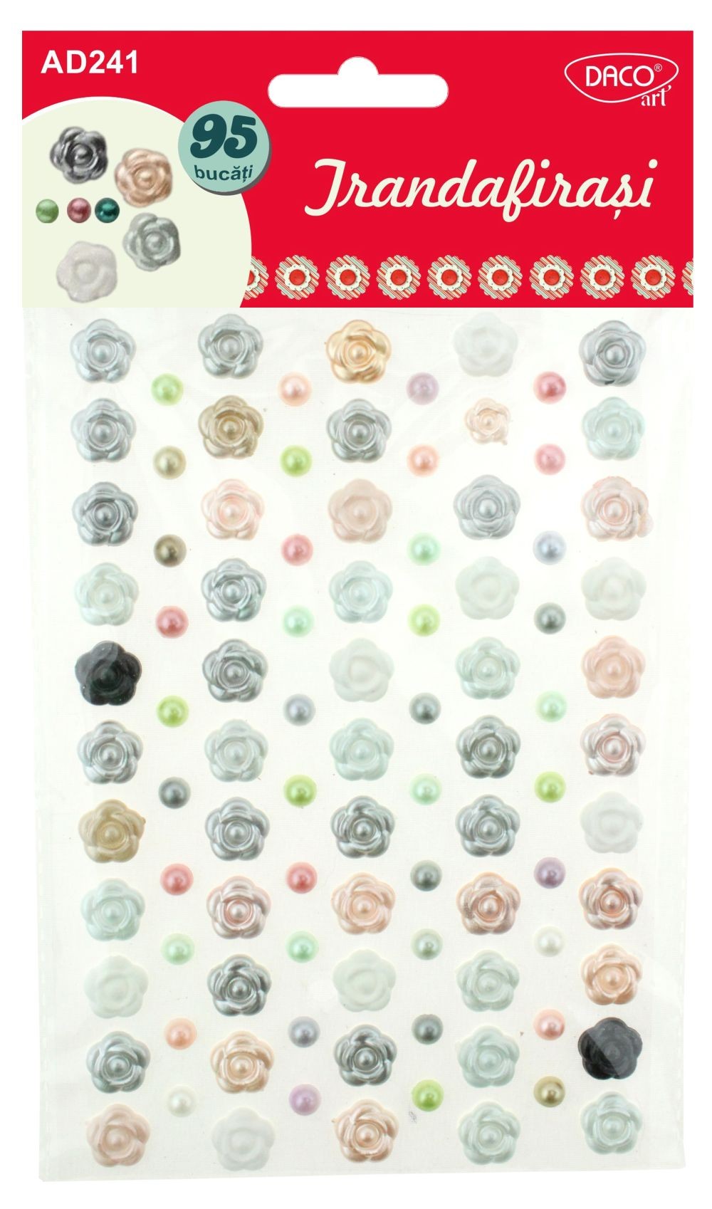 Set de 95 elemente decorative trandafirași și semisfere din plastic autoadeziv în culori variate, brand DACO Art, cod AD241