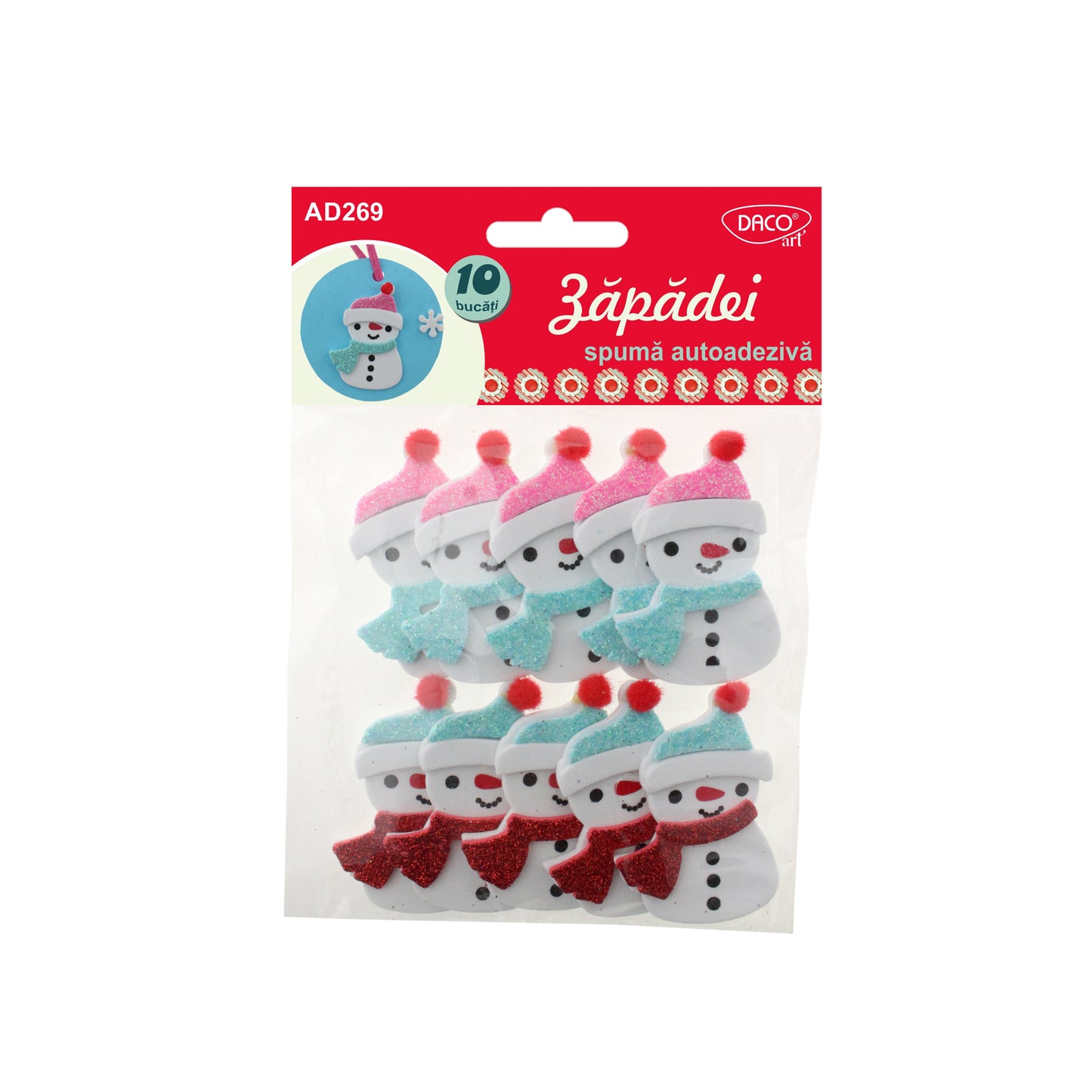 Set de 10 figurine oameni de zăpadă din spumă 3D autoadezivă cu detalii pom-pom, dimensiuni 5.5 x 4 cm, brand DACOart, cod AD269