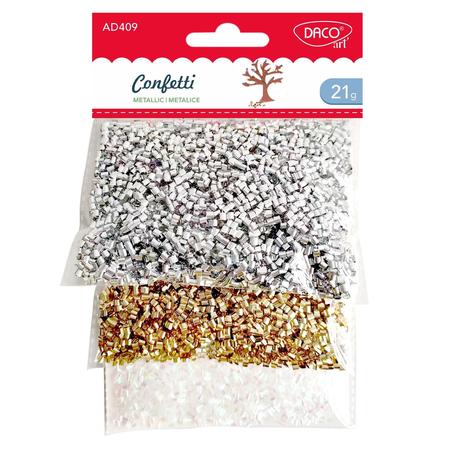 Pachet de 21 de grame de mini-confetti metalice strălucitoare din folie plastic, cu diametrul de 2 mm, marca DACOart, destinate proiectelor creative și decorațiunilor de lux