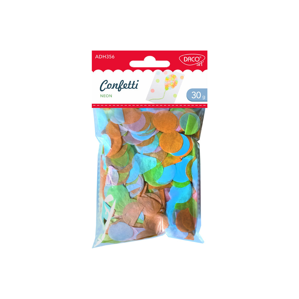 Pachet de 30 de grame de confetti din hârtie în culori neon vibrante, cu diametrul de 2 cm, marca DACOart, ideale pentru decorul petrecerilor și activități creative.