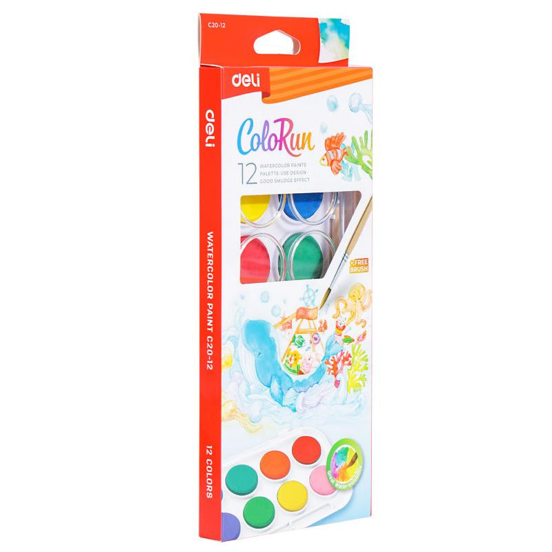 Set acuarele 12 culori de 28 mm cu pensulă și paletă din plastic Deli Economy.
