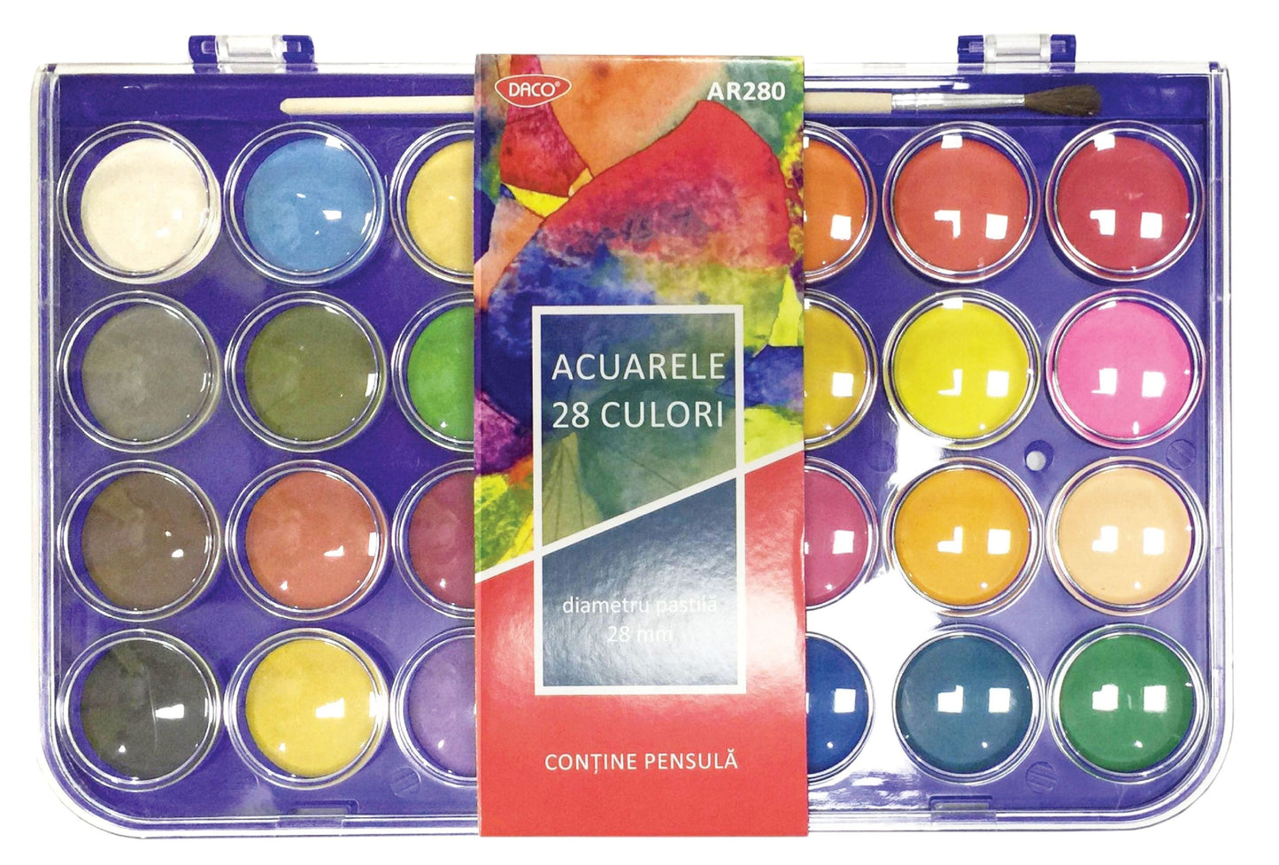 Set mare de acuarele DACO AR280 cu 28 de culori vibrante pentru elevi si studenti pastile de 28 mm si pensula inclusa