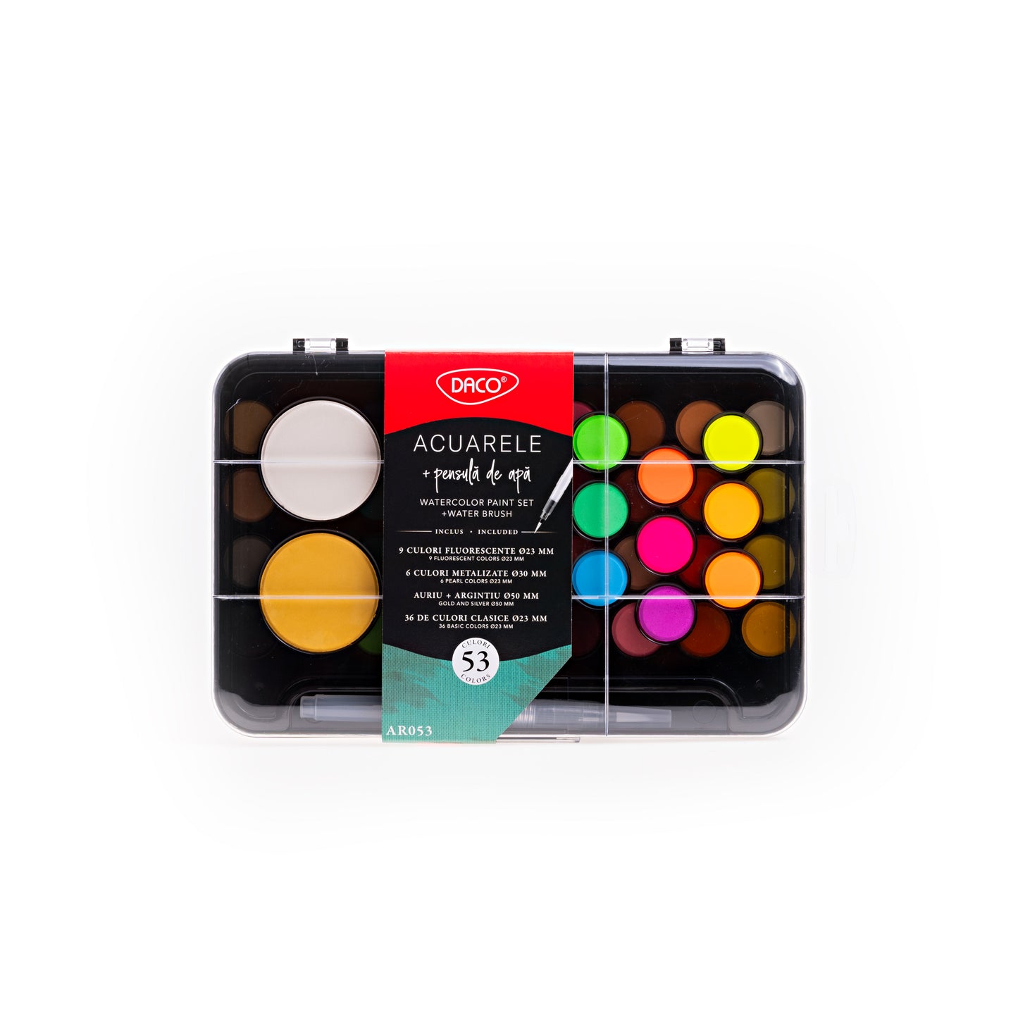 Set mare de acuarele DACO AR053 cu 53 culori clasice neon si metalizate pastile mari aur argintiu si pensula cu rezervor inclusa