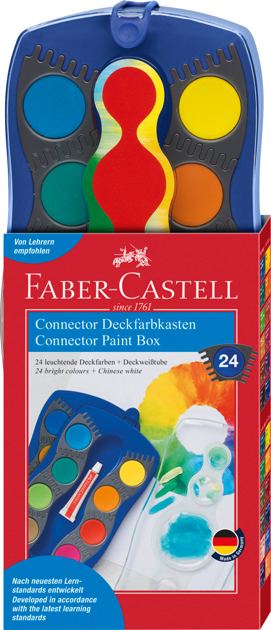 Set extins de 24 acuarele modulare Connector Faber-Castell cutie albastra cu segmente conectabile si tub alb inclus fabricat in Germania