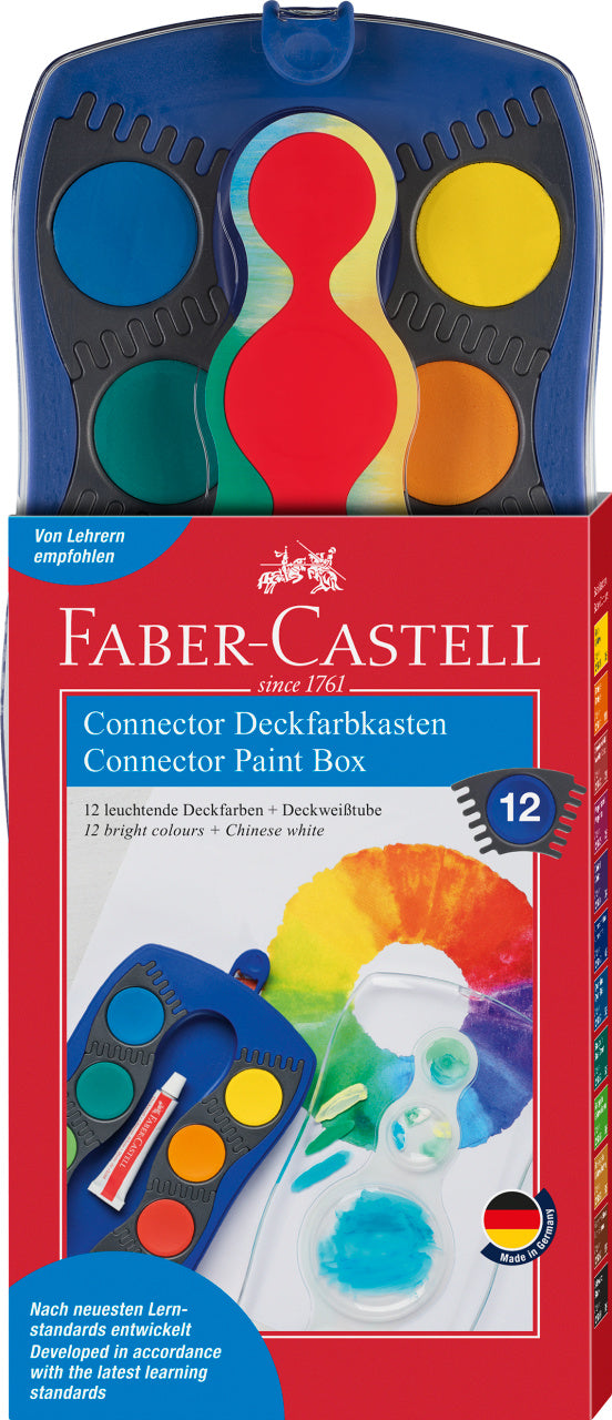 Set acuarele modulare Connector Faber-Castell cutie albastra cu 12 culori segmente conectabile si capac paleta pentru scoala