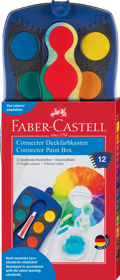 Set acuarele modulare Connector Faber-Castell cutie albastra cu 12 culori segmente conectabile si capac paleta pentru scoala