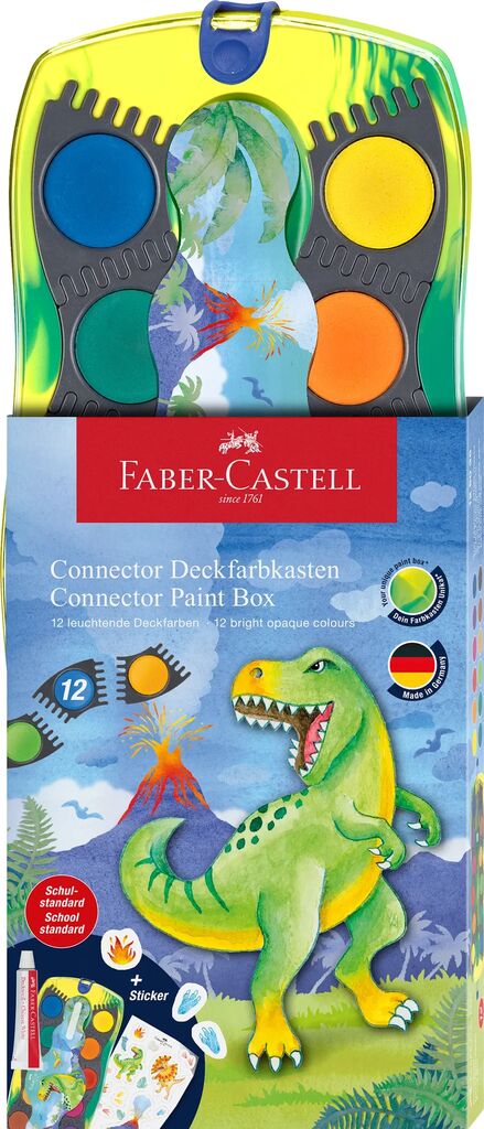 Set acuarele modulare Connector Faber-Castell editie dinozauri cu 12 culori stickere si tub alb opac pentru scoala si hobby