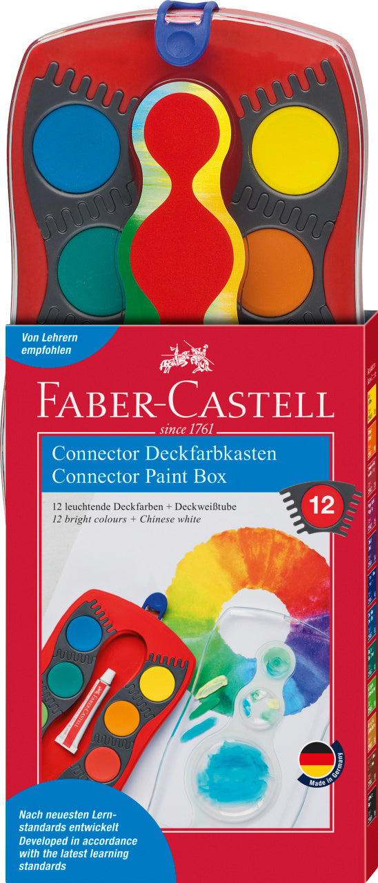 Set acuarele modulare Connector Faber-Castell cutie rosie cu 12 culori segmente conectabile si tub alb inclus fabricat in Germania