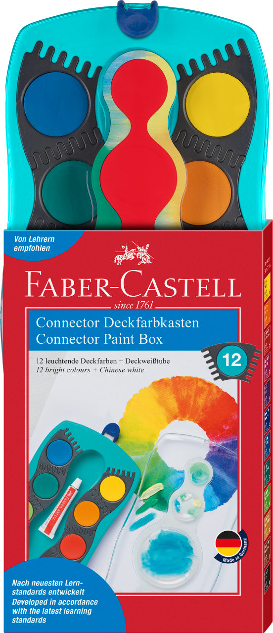 Set acuarele modulare Connector Faber-Castell cutie turcoaz cu 12 culori segmente conectabile si tub alb opac fabricat in Germania pentru scoala