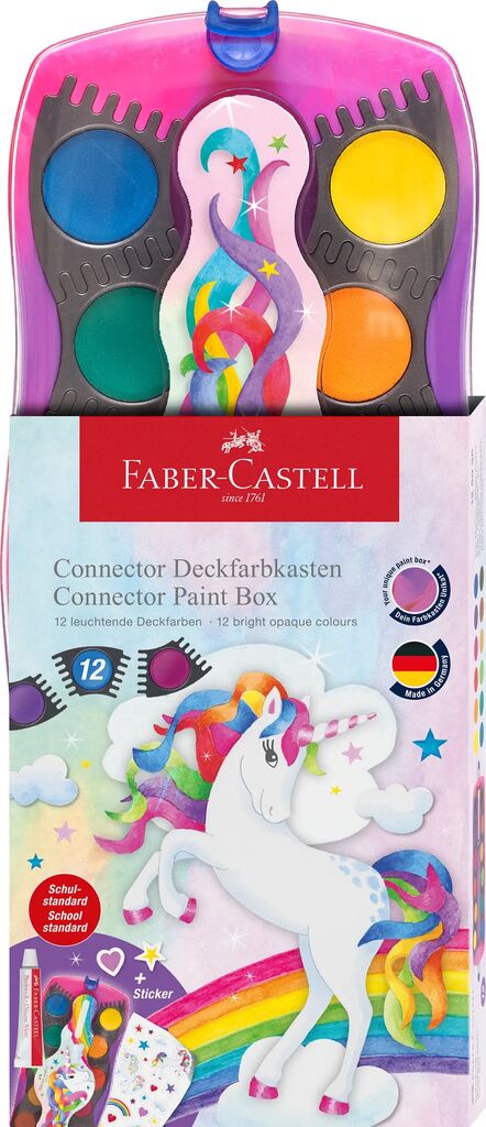 Set acuarele modulare Connector Faber-Castell editie unicorni cu 12 culori vibrante stickere tematice si tub alb inclus pentru fete si scoala