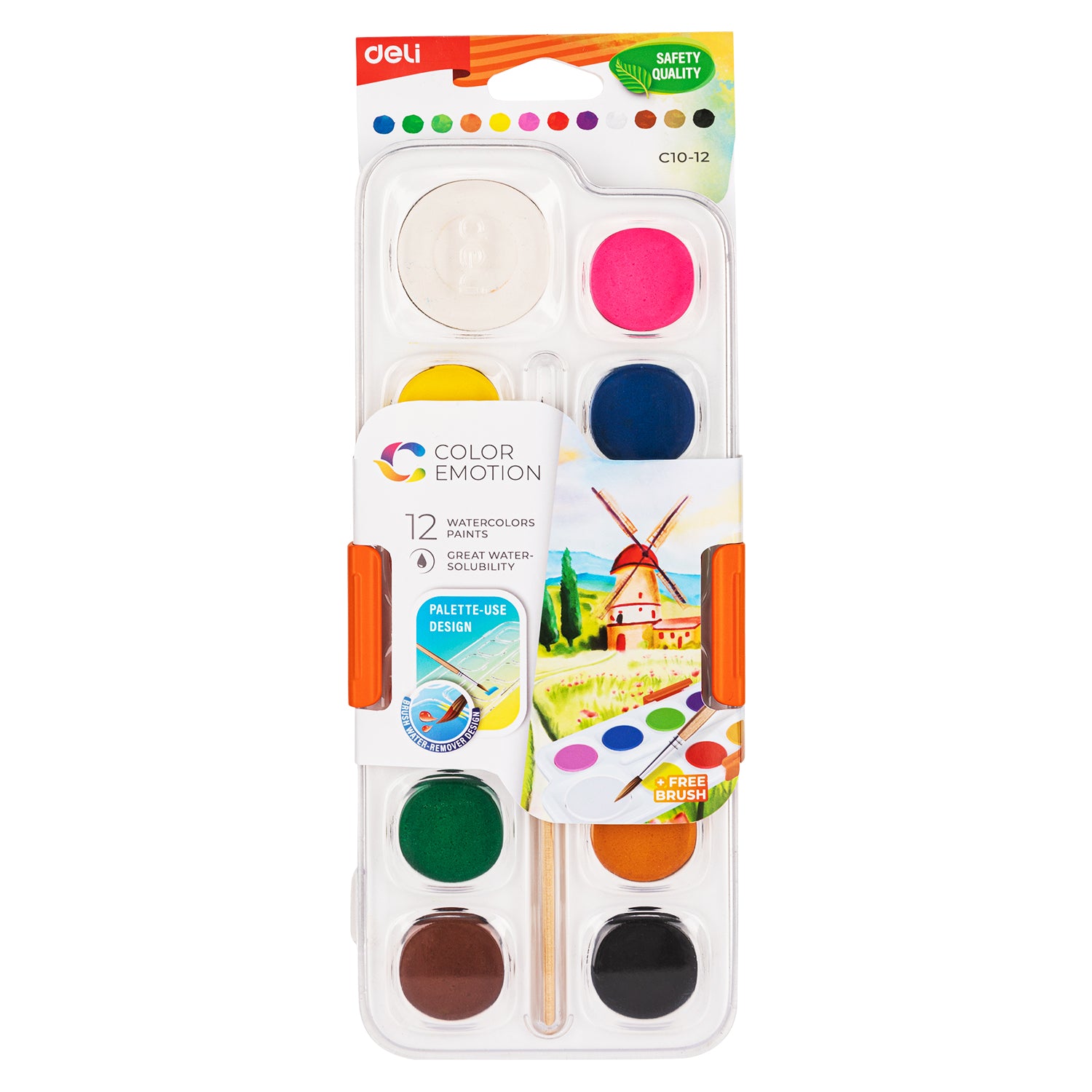 Set 12 acuarele Deli cu pensula pastila alba mare 40mm si 11 culori 28mm pentru scoala si activitati creative