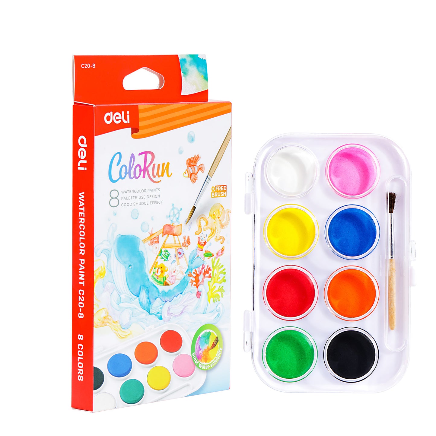 Set economic 8 acuarele Deli cu pensula inclusa si pastile de 28mm pentru elevi si activitati scolare