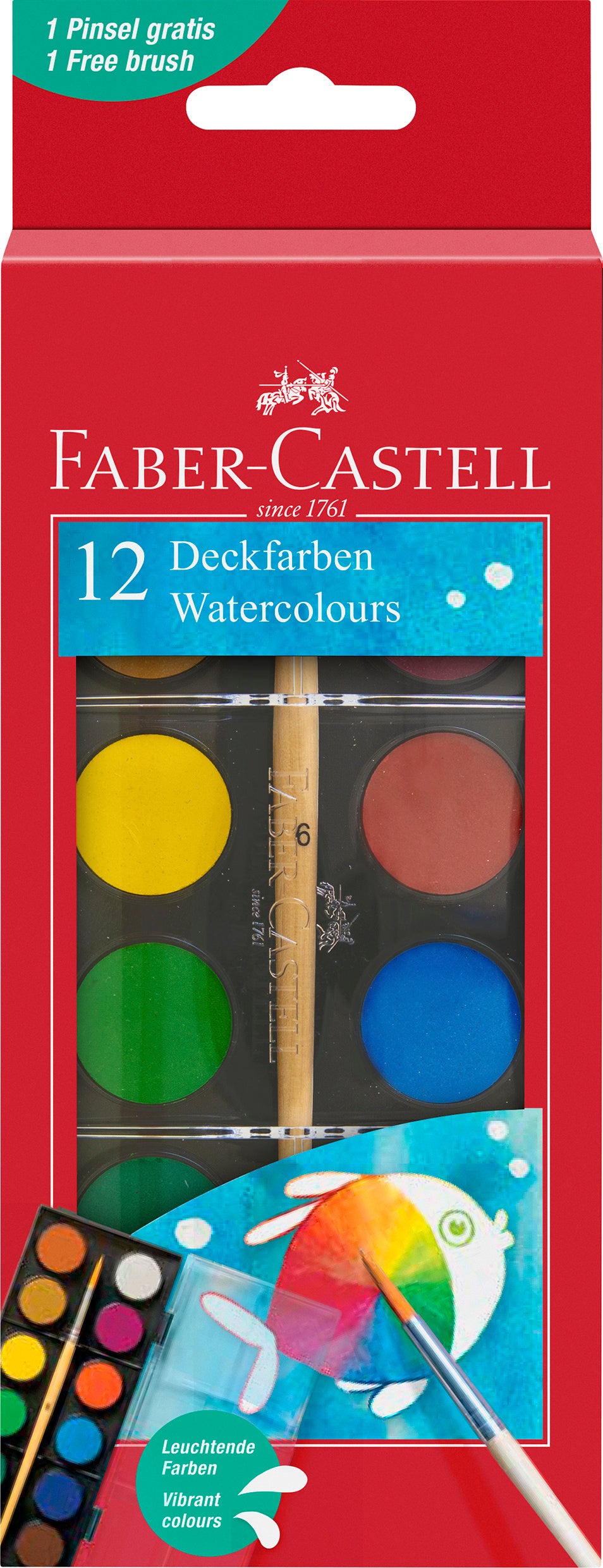 Set acuarele premium Faber-Castell cu 12 culori vibrante pastile 24 mm si pensula inclusa pentru pictura scoala si hobby