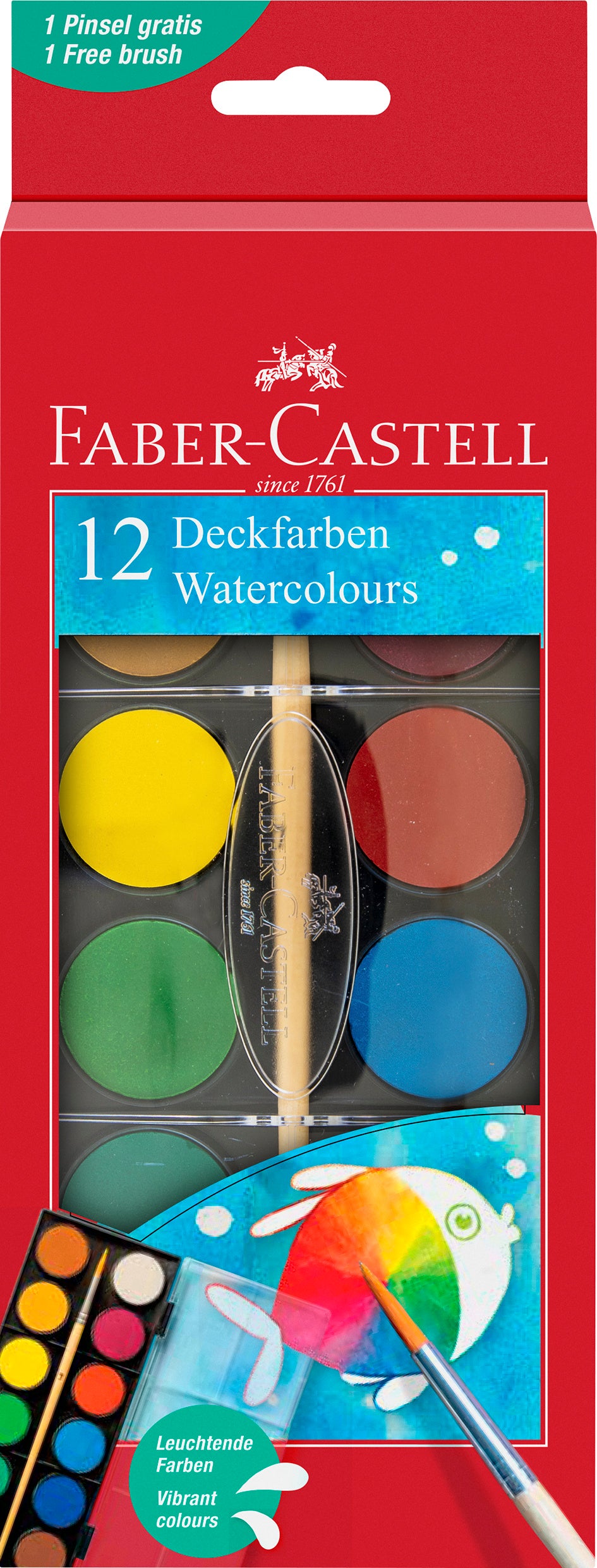Set profesional de 12 acuarele Faber-Castell cu pastile mari de 30 mm si pensula inclusa culori luminoase pentru pictura