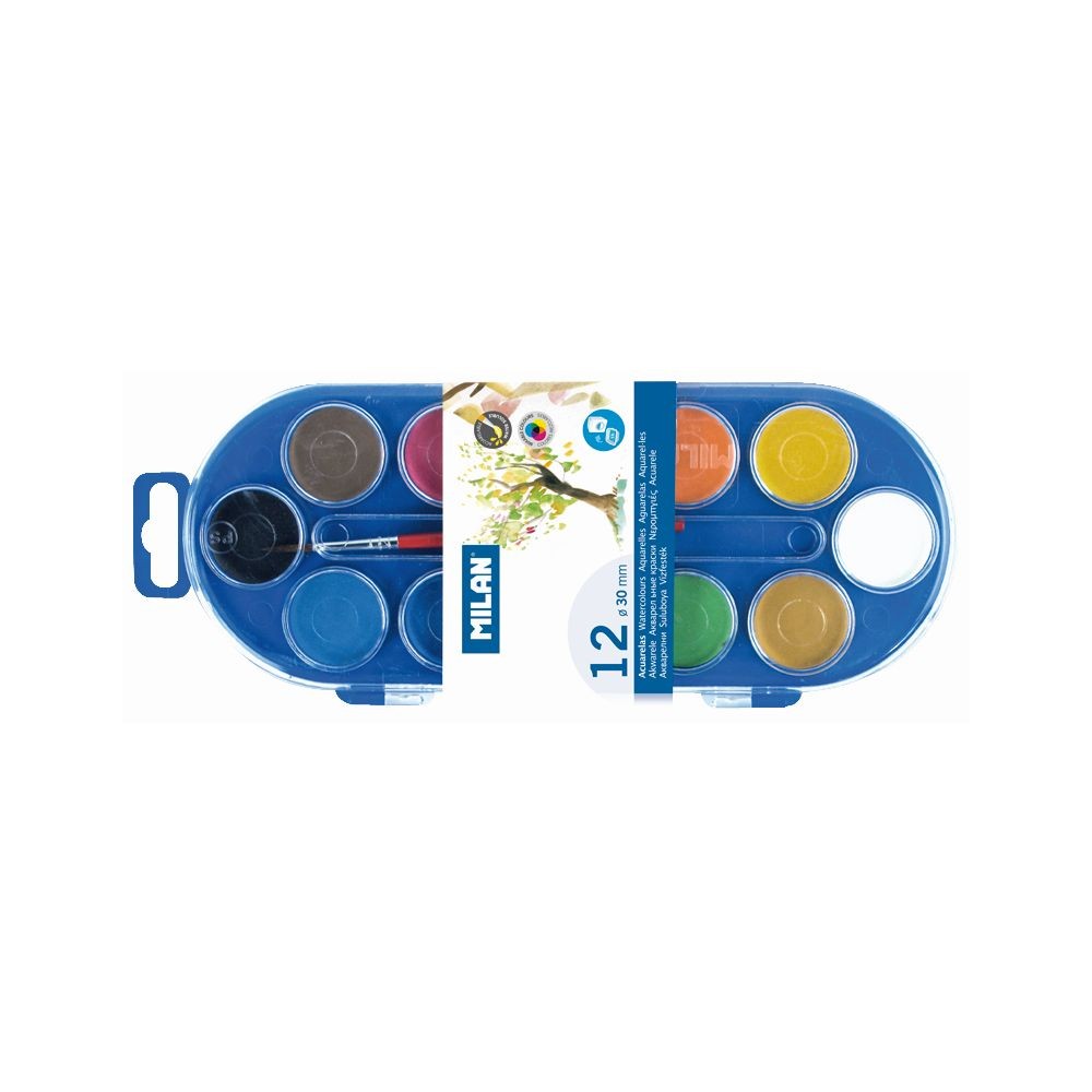 Set de 12 acuarele MILAN cu pastile mari de 30 mm si pensula nr 4 inclusa pentru scoala si gradinita