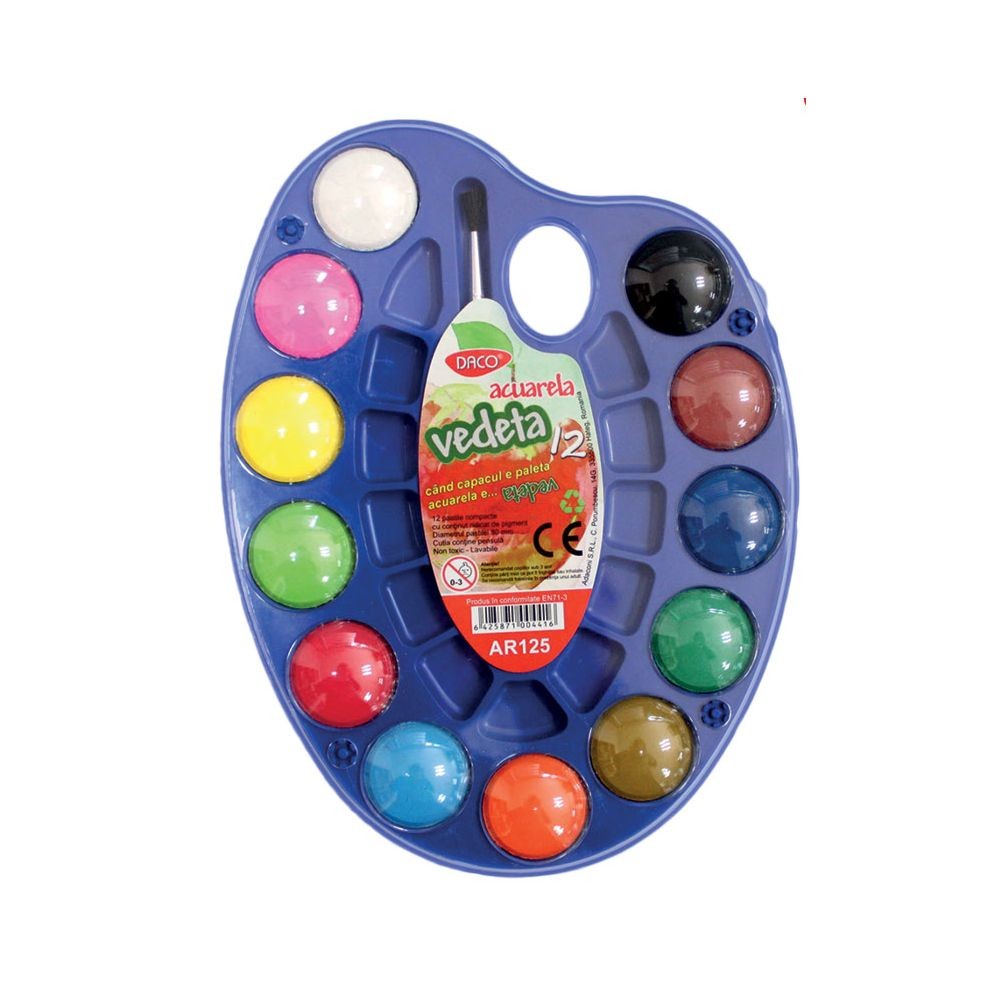 Paleta acuarele 12 culori Vedeta DACO AR125 pastile mari 30 mm cu pensula inclusa pentru copii de peste 4 ani