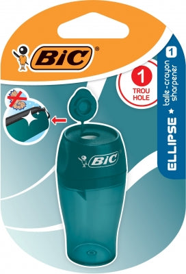 Ascutitoare BIC Ellipse cu rezervor mare si sistem de inchidere, disponibila in culori verde violet si portocaliu pentru creioane standard