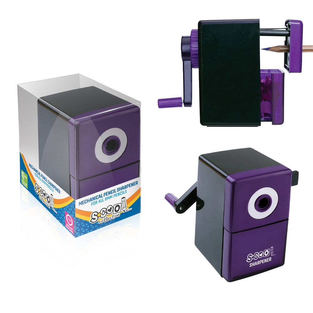 Ascutitoare cu manivela S-Cool cu lama elicoidala metalica si container reziduuri pentru creioane de 8mm