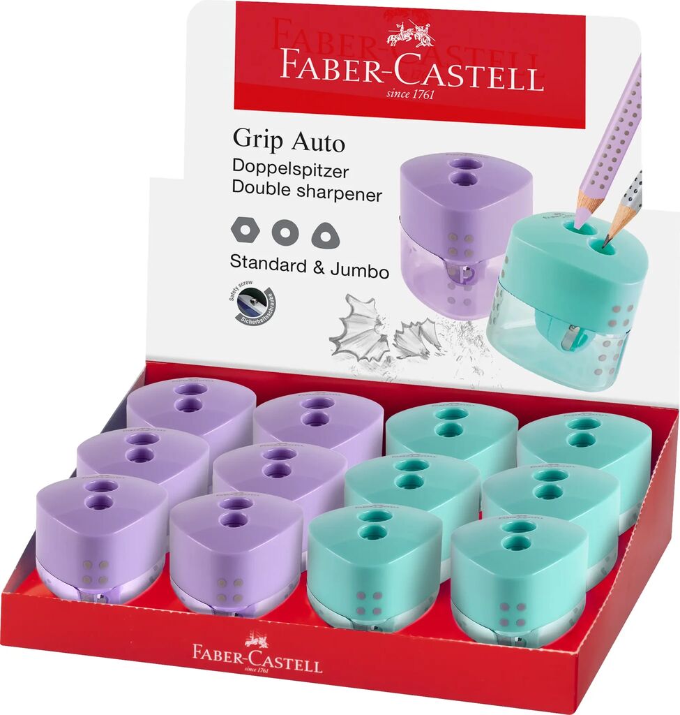 Ascutitoare dubla Faber-Castell Grip Trend culori pastel cu container pentru creioane standard si jumbo design ergonomic