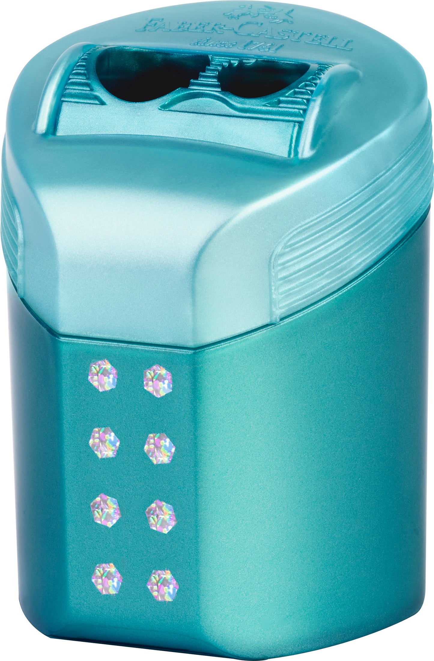 Ascutitoare dubla Faber-Castell Sparkle Pastel cu mecanism roll-on anti-mizerie si lama metalica germana pentru creioane standard si jumbo