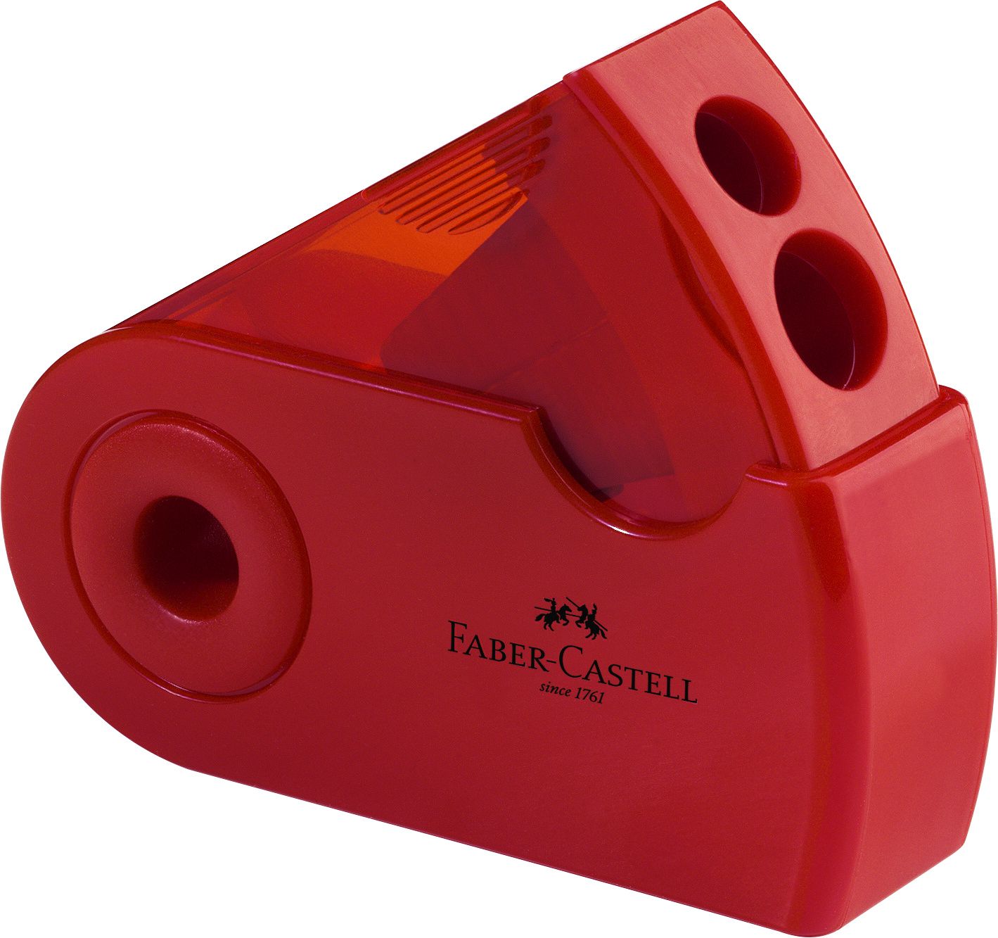 Ascutitoare dubla Faber-Castell Sleeve rosie sau albastra cu carcasa rotativa si container pentru creioane standard si jumbo