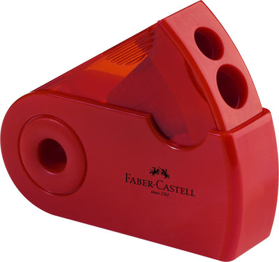 Ascutitoare dubla Faber-Castell Sleeve rosie sau albastra cu carcasa rotativa si container pentru creioane standard si jumbo
