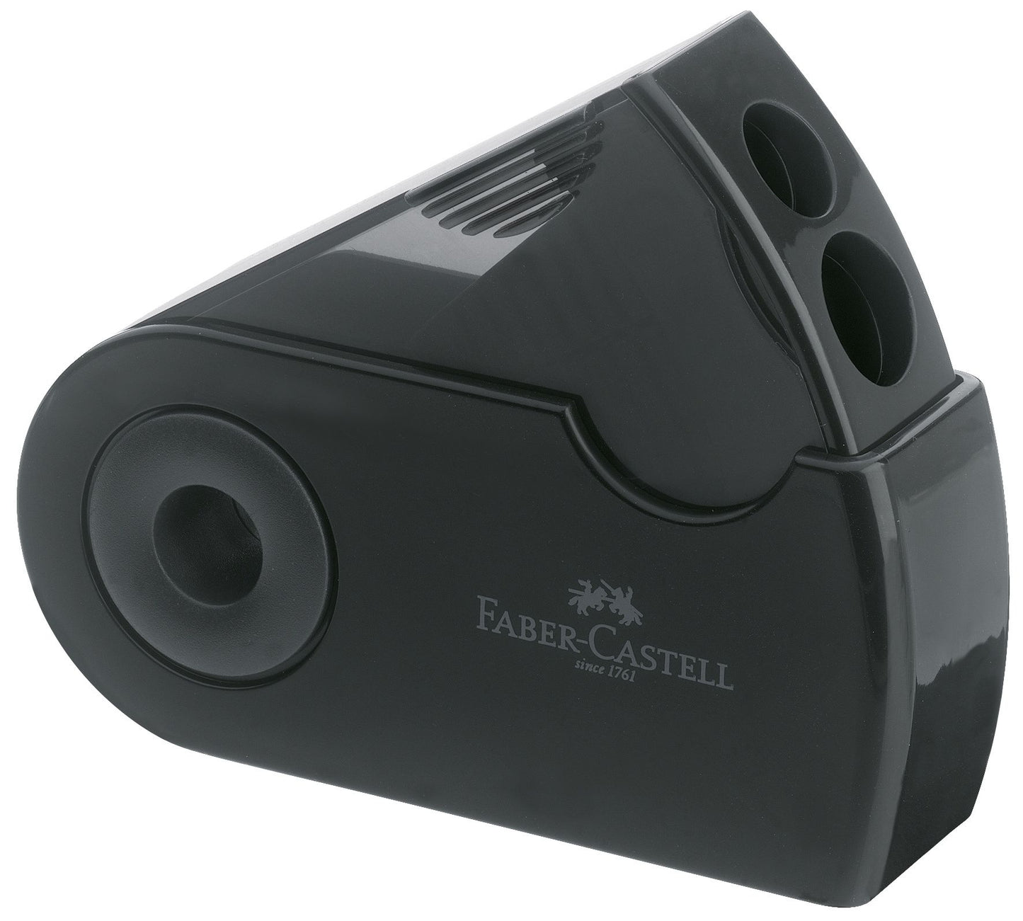 Ascutitoare dubla Faber-Castell Sleeve neagra cu carcasa rotativa protectoare si container pentru creioane standard si jumbo