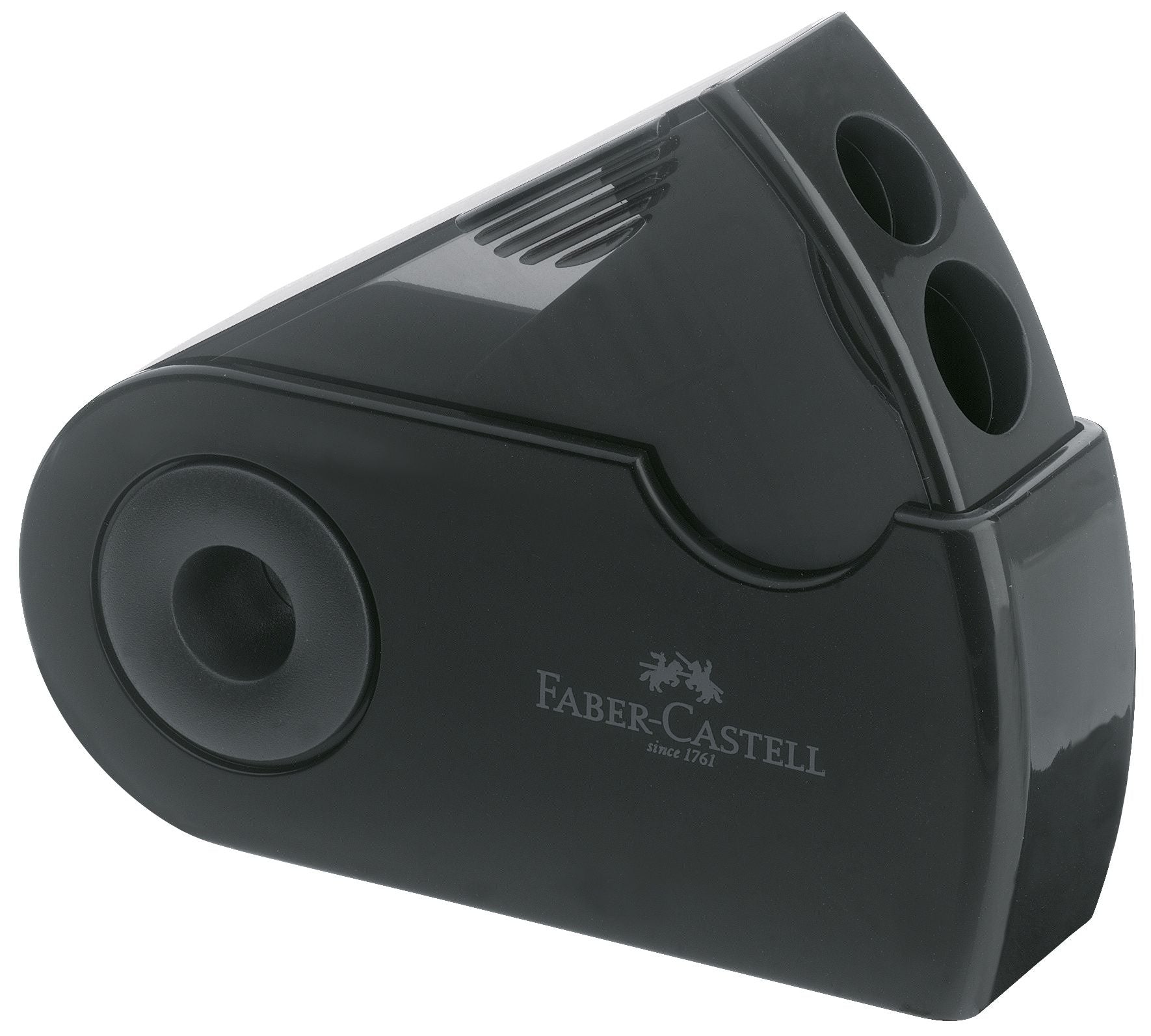 Ascutitoare dubla Faber-Castell Sleeve neagra cu carcasa rotativa protectoare si container pentru creioane standard si jumbo