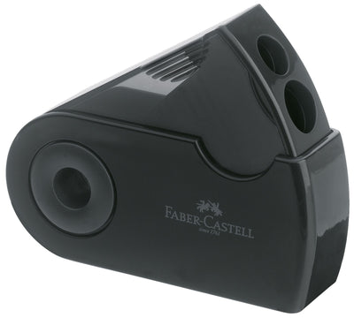 Ascutitoare dubla Faber-Castell Sleeve neagra cu carcasa rotativa protectoare si container pentru creioane standard si jumbo