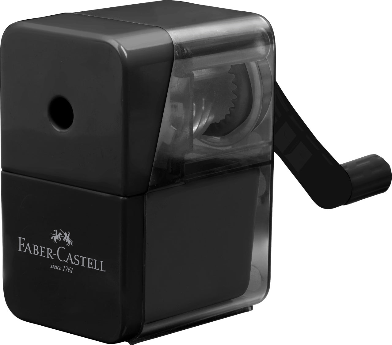 Ascutitoare fixa mecanica Faber-Castell neagra cu container pentru creioane pana la 8.4mm lama otel fara PVC