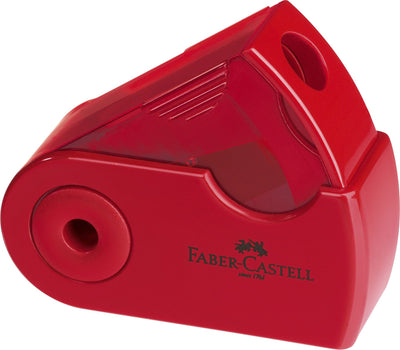 Ascutitoare simpla Faber-Castell Sleeve-Mini rosie sau albastra cu container pentru reziduuri si carcasa rotativa protectoare